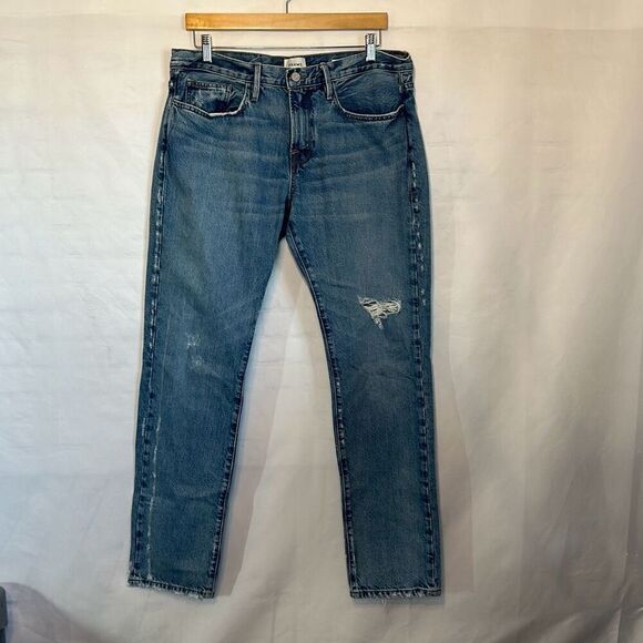 Frame Jeans Mens 34 Blue L Homme Slim Light Wash Distressed Straight Leg 34 - Picture 1 of 13